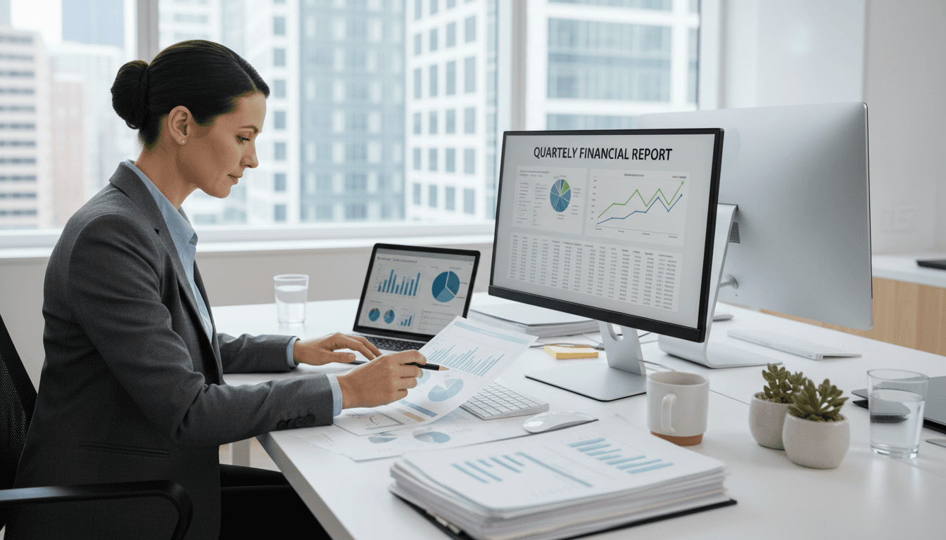 Asesor financiero revisando números y análisis de costos en oficina moderna