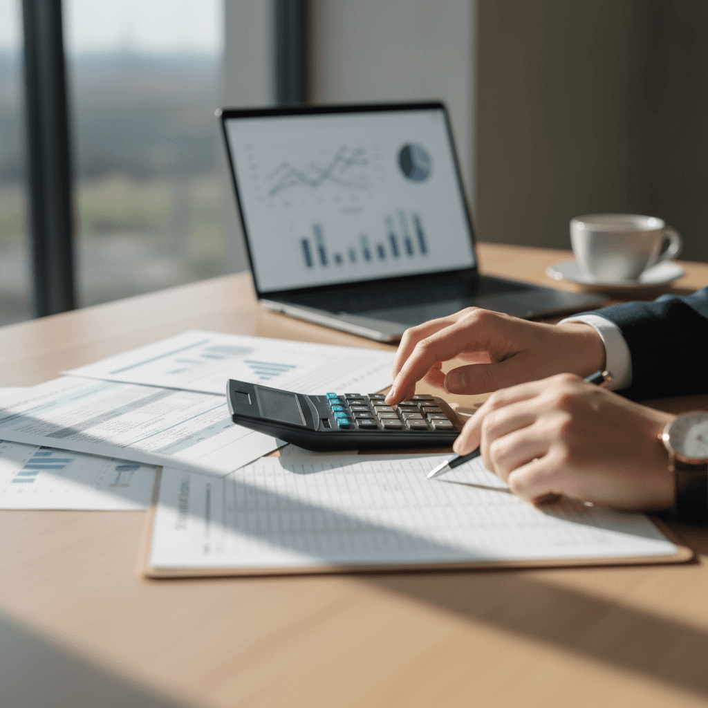 Profesional de contabilidad revisando documentos financieros con calculadora y laptop