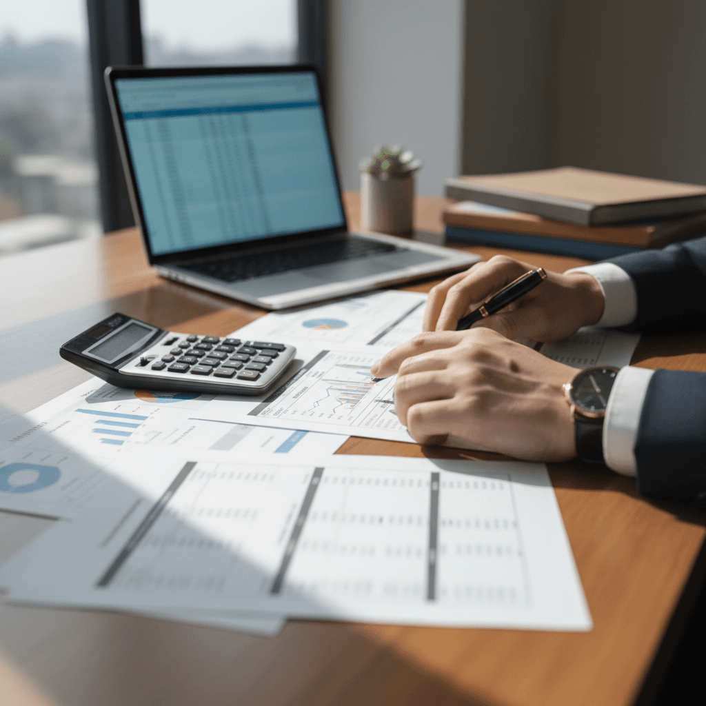 Consultora financiera analizando documentos de negocios en oficina moderna