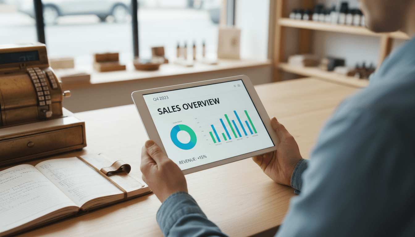 Dueño de restaurante analizando estados financieros y datos de rentabilidad en tablet